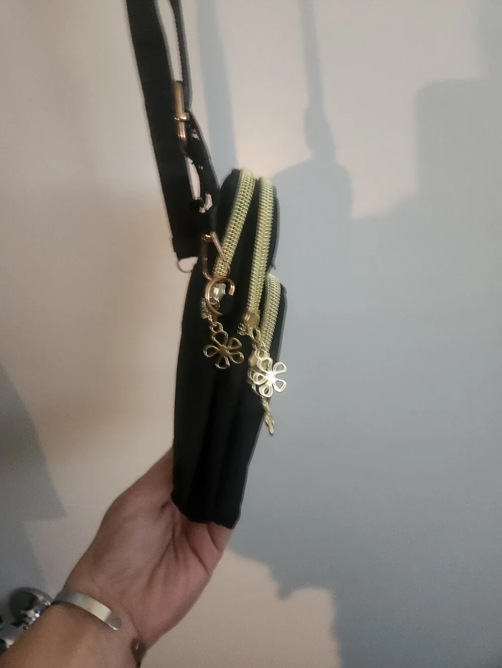 Black Crossbody Phone Bag with Gold Trim